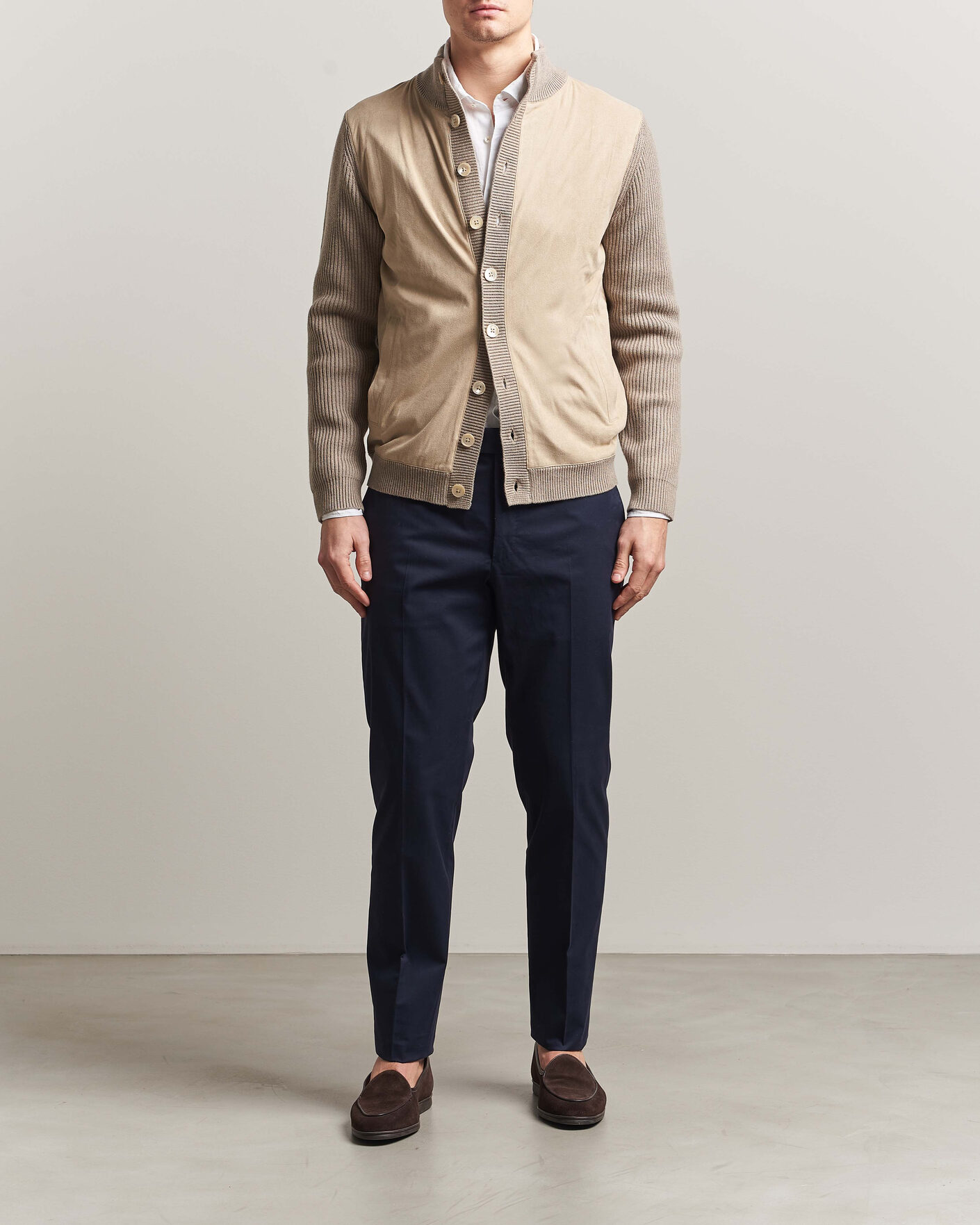Herr | Tröjor | Stenströms | Knitted Hybrid Buttoned Alcantara Cardigan Taupe