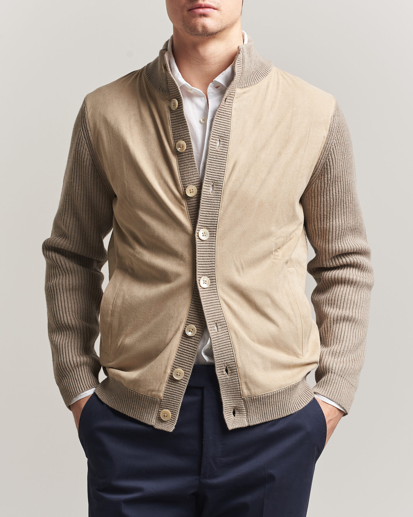 Herr | Tröjor | Stenströms | Knitted Hybrid Buttoned Alcantara Cardigan Taupe