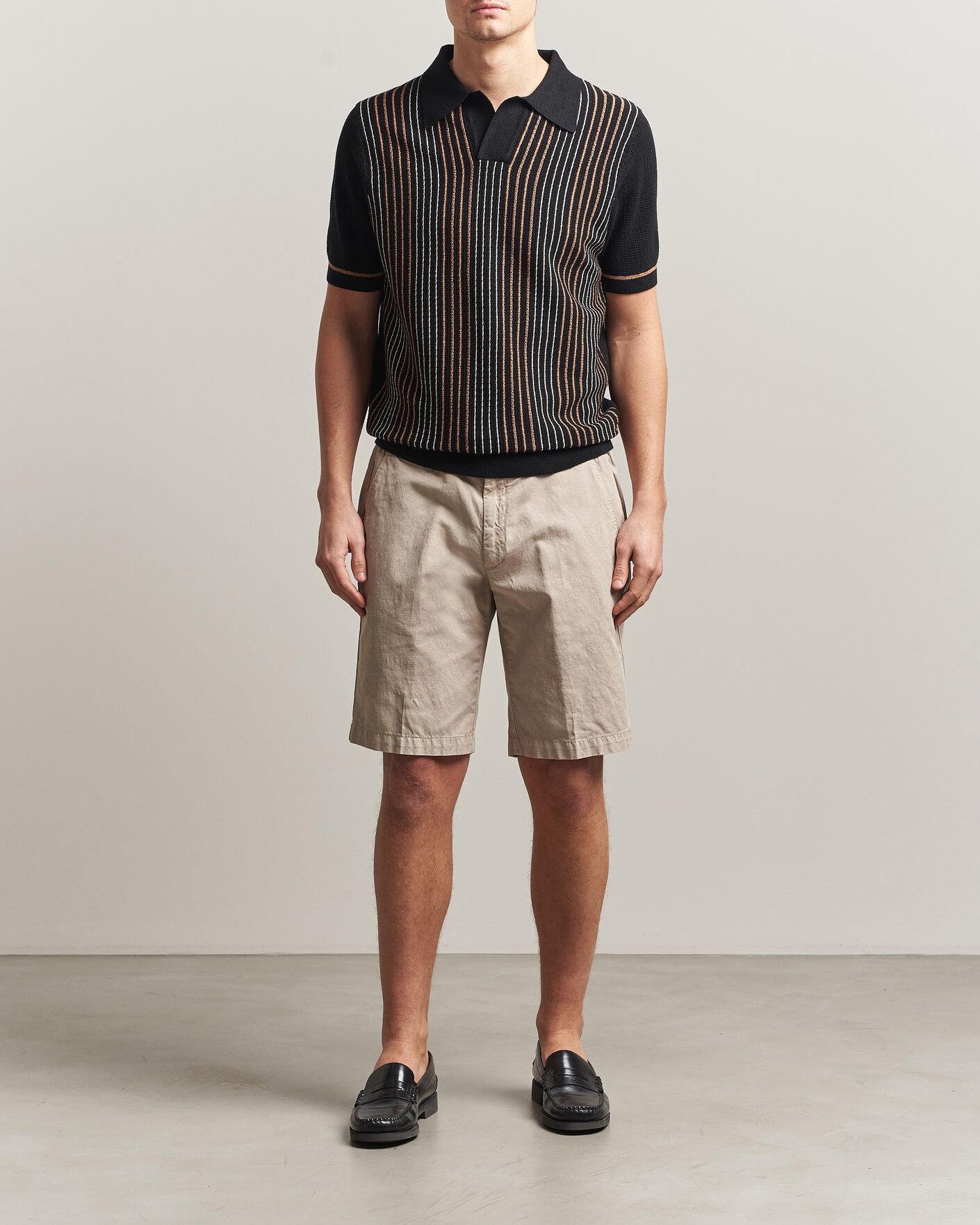 Herr | Pikéer | Stenströms | Knitted Stripe Hemp/Cotton Polo Black