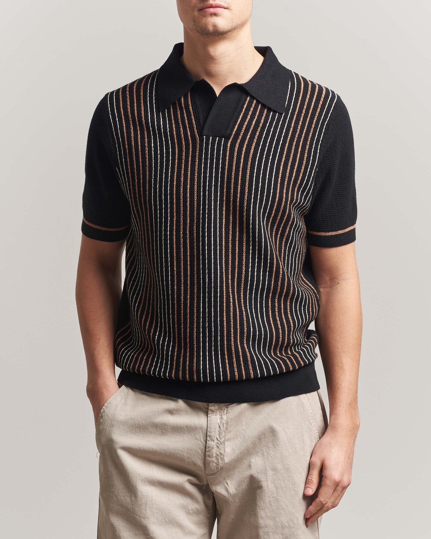 Herr | Pikéer | Stenströms | Knitted Stripe Hemp/Cotton Polo Black