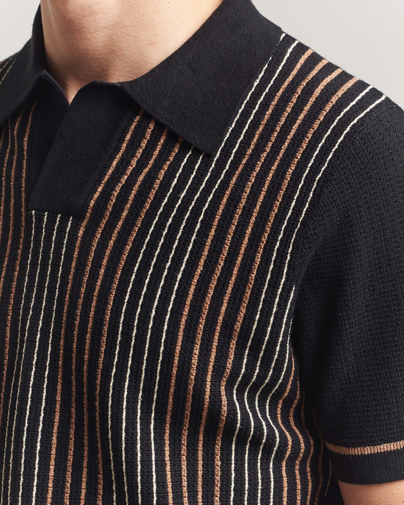 Herr | Pikéer | Stenströms | Knitted Stripe Hemp/Cotton Polo Black