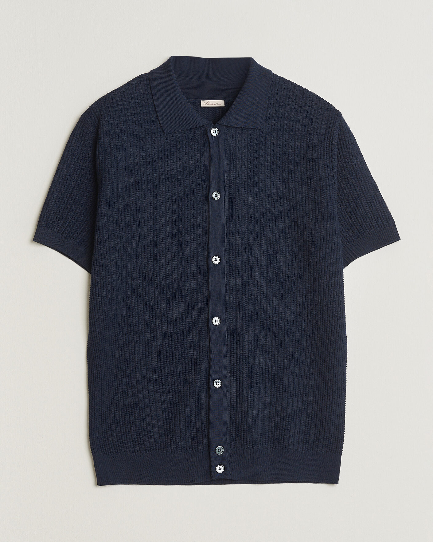 Herr | Pikéer | Stenströms | Knitted Buttonthru Merino Polo Shirt Navy