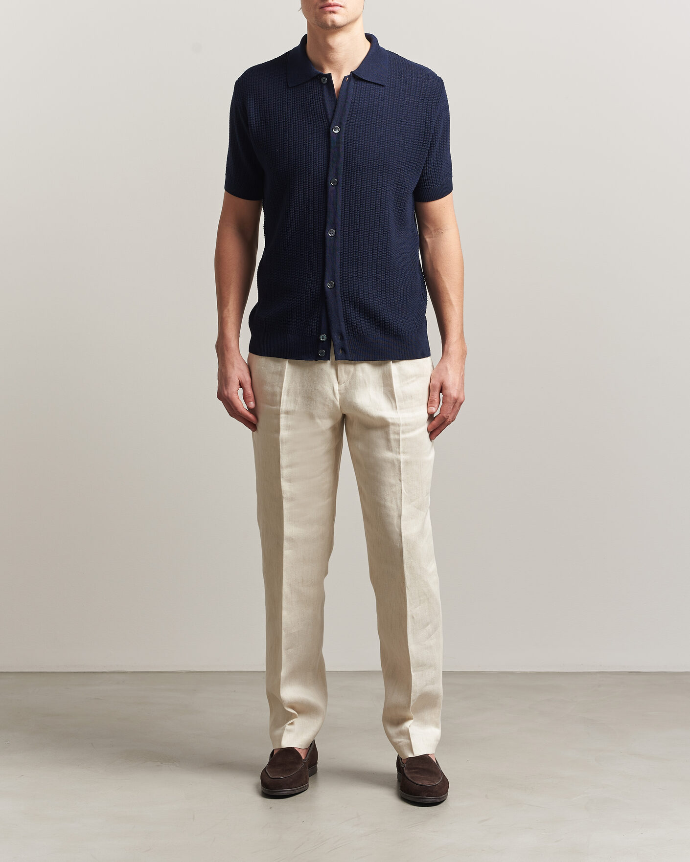 Herr | Pikéer | Stenströms | Knitted Buttonthru Merino Polo Shirt Navy