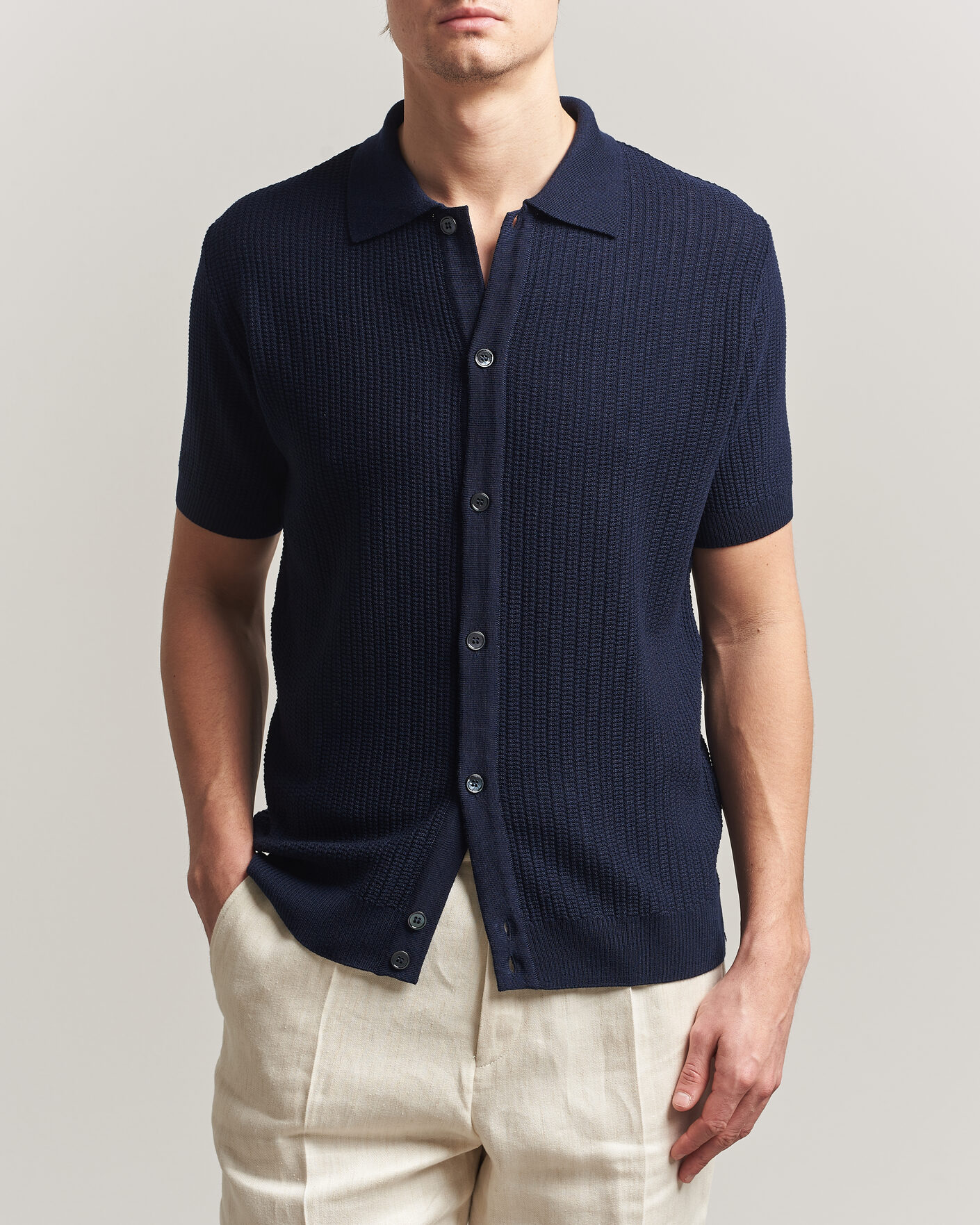 Herr | Pikéer | Stenströms | Knitted Buttonthru Merino Polo Shirt Navy