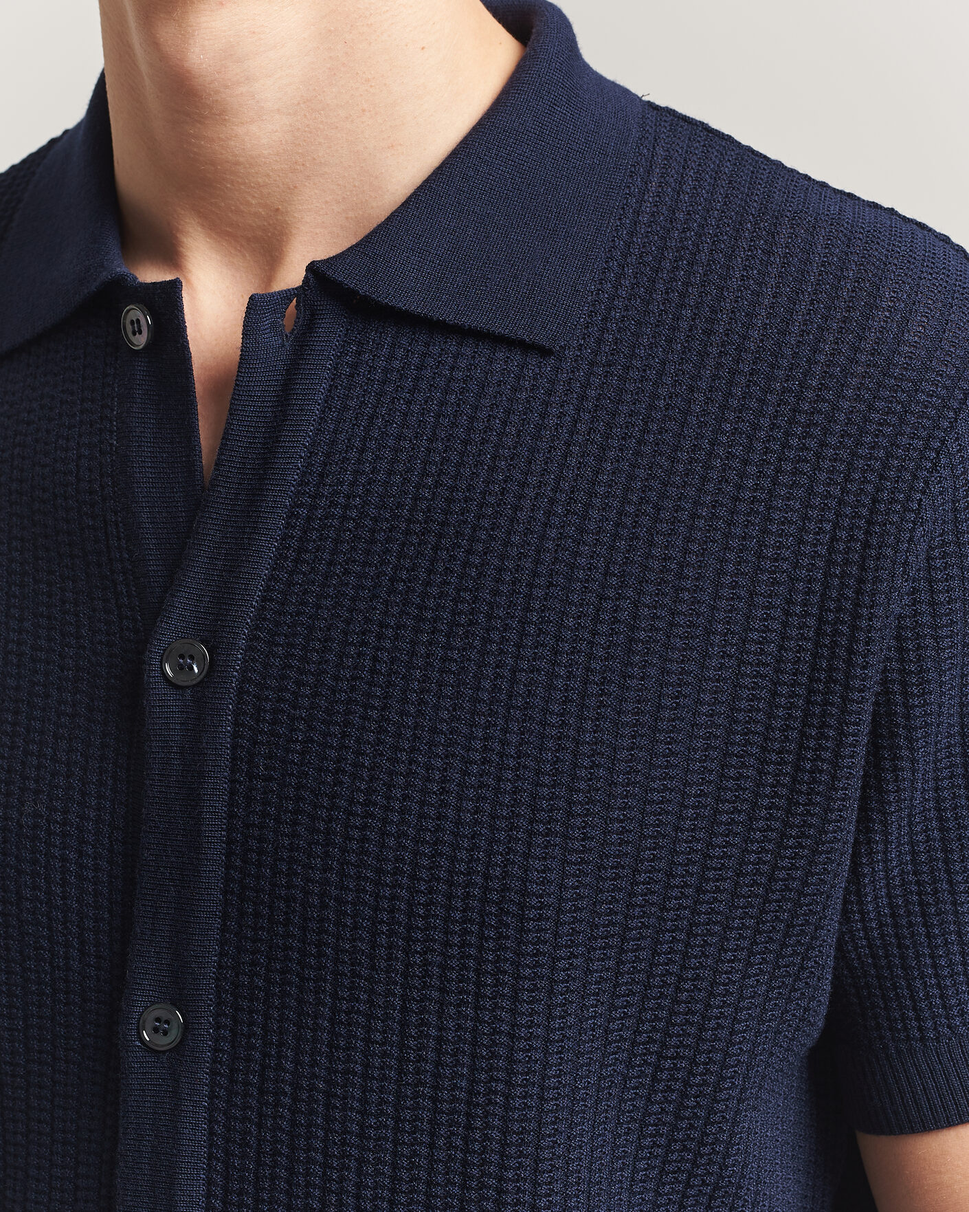 Herr | Pikéer | Stenströms | Knitted Buttonthru Merino Polo Shirt Navy