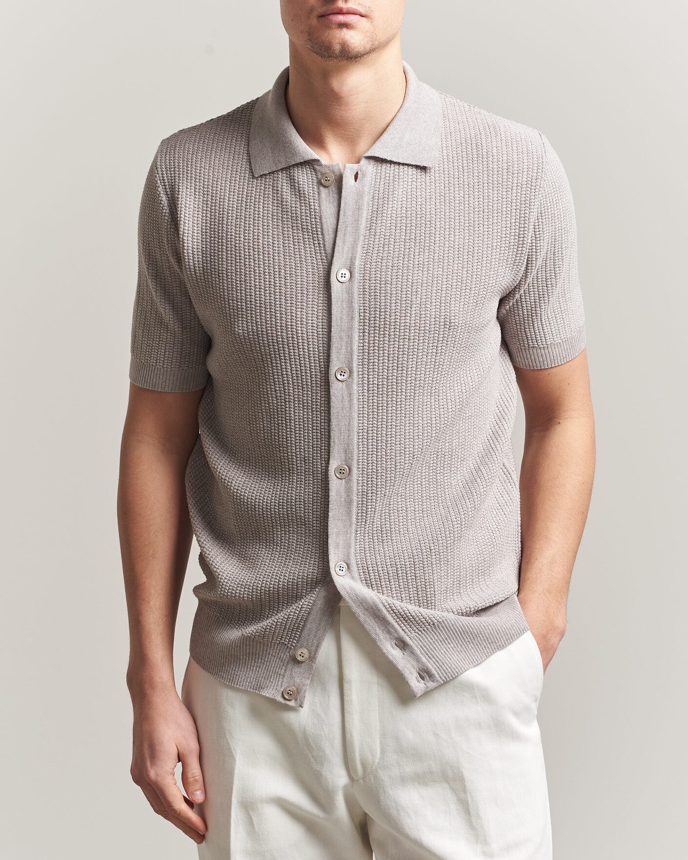 Herr | Pikéer | Stenströms | Knitted Buttonthru Merino Polo Shirt Grey