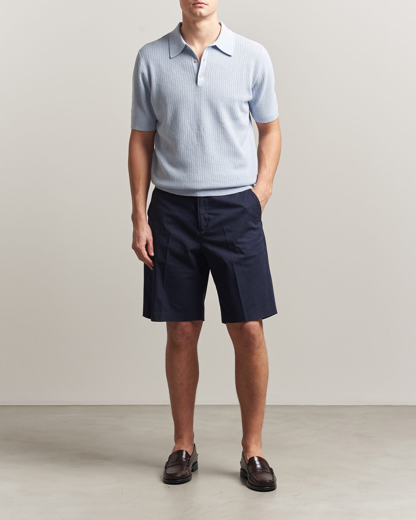 Herr | Pikéer | Stenströms | Knitted Textured Cotton/Hemp Polo Light Blue