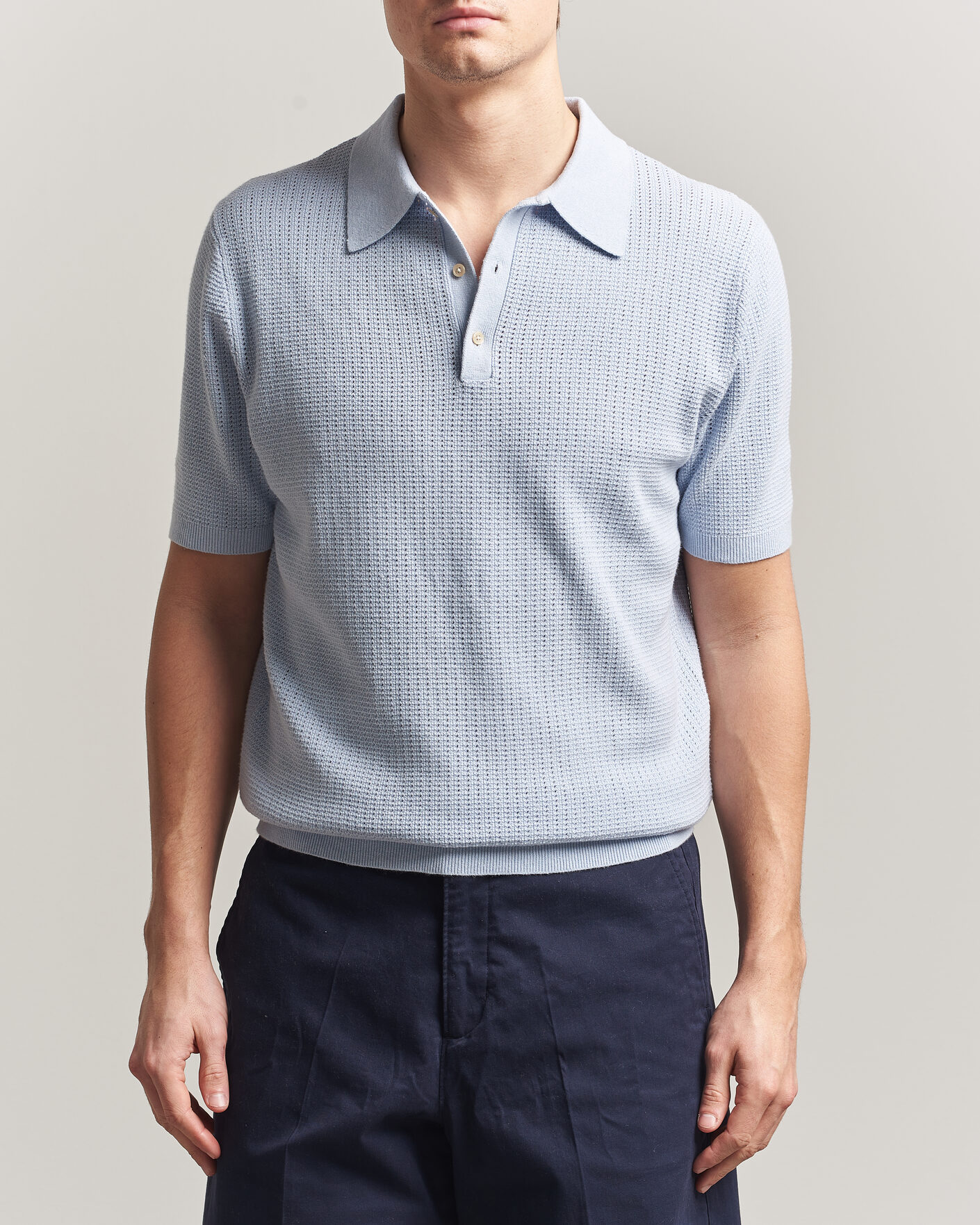 Herr | Pikéer | Stenströms | Knitted Textured Cotton/Hemp Polo Light Blue
