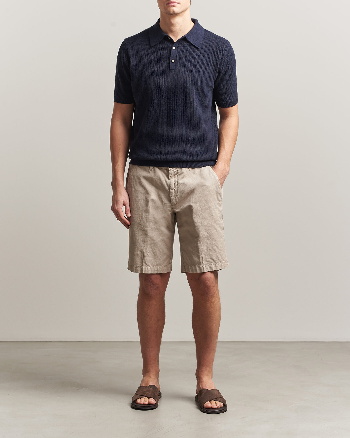 Herr | Pikéer | Stenströms | Knitted Textured Cotton/Hemp Polo Navy
