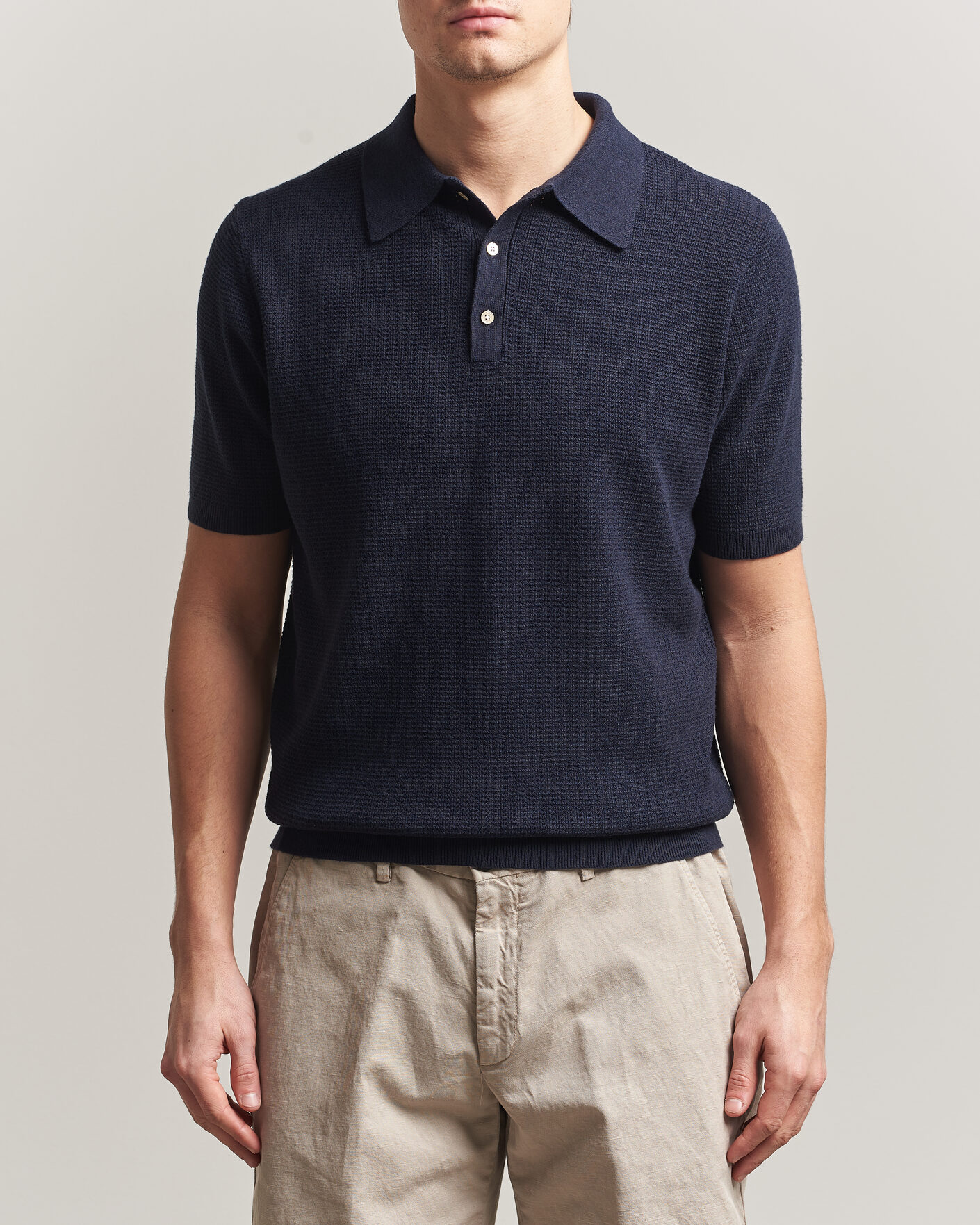 Herr | Pikéer | Stenströms | Knitted Textured Cotton/Hemp Polo Navy