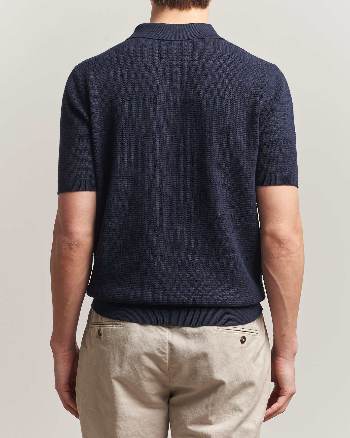 Herr | Pikéer | Stenströms | Knitted Textured Cotton/Hemp Polo Navy