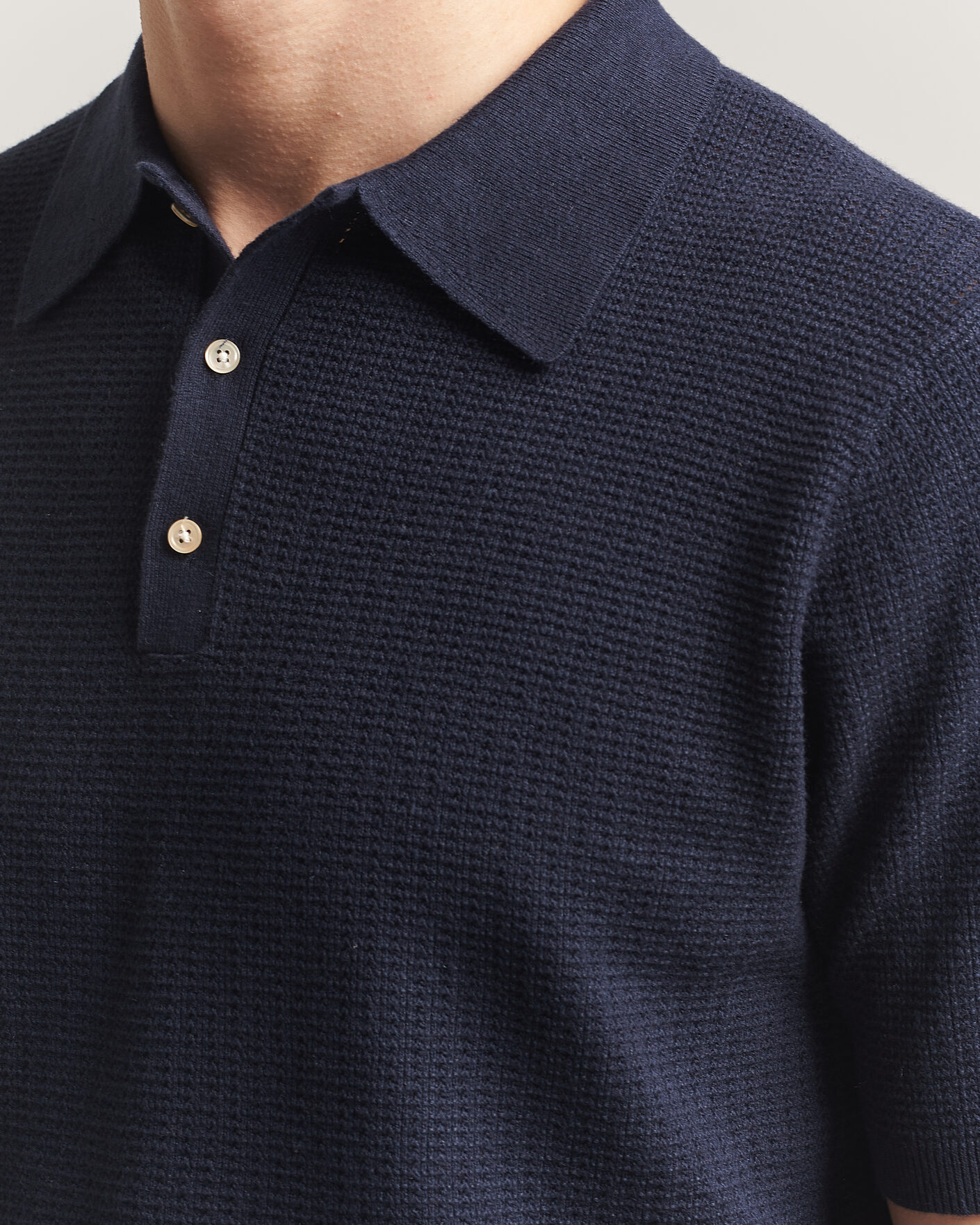 Herr | Pikéer | Stenströms | Knitted Textured Cotton/Hemp Polo Navy