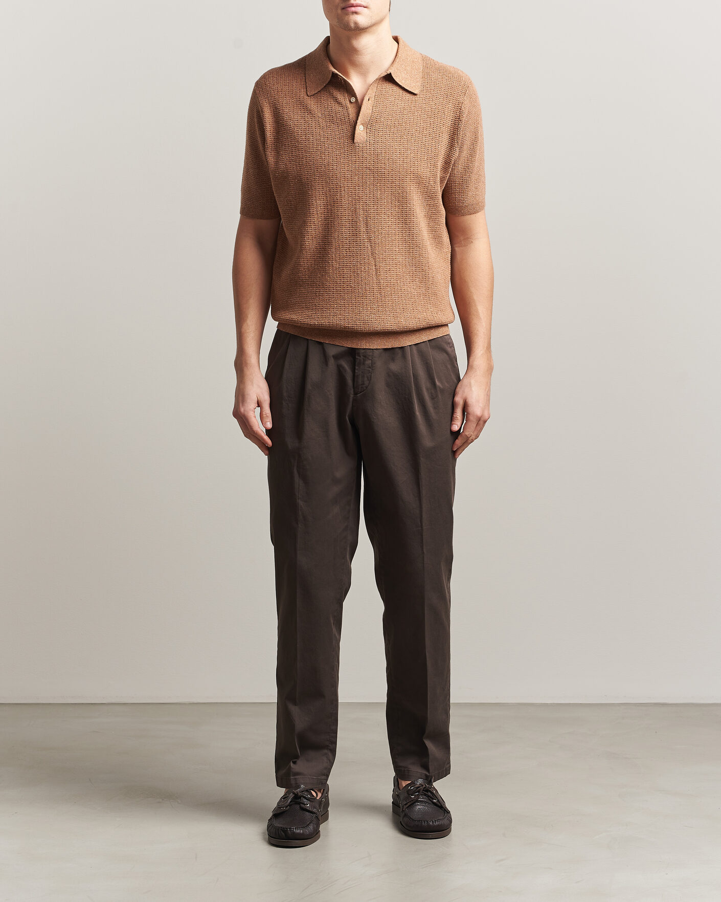 Herr | Pikéer | Stenströms | Knitted Textured Cotton/Hemp Polo Light Brown