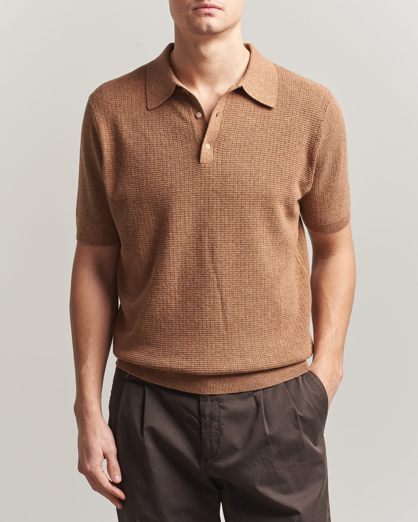 Herr | Pikéer | Stenströms | Knitted Textured Cotton/Hemp Polo Light Brown
