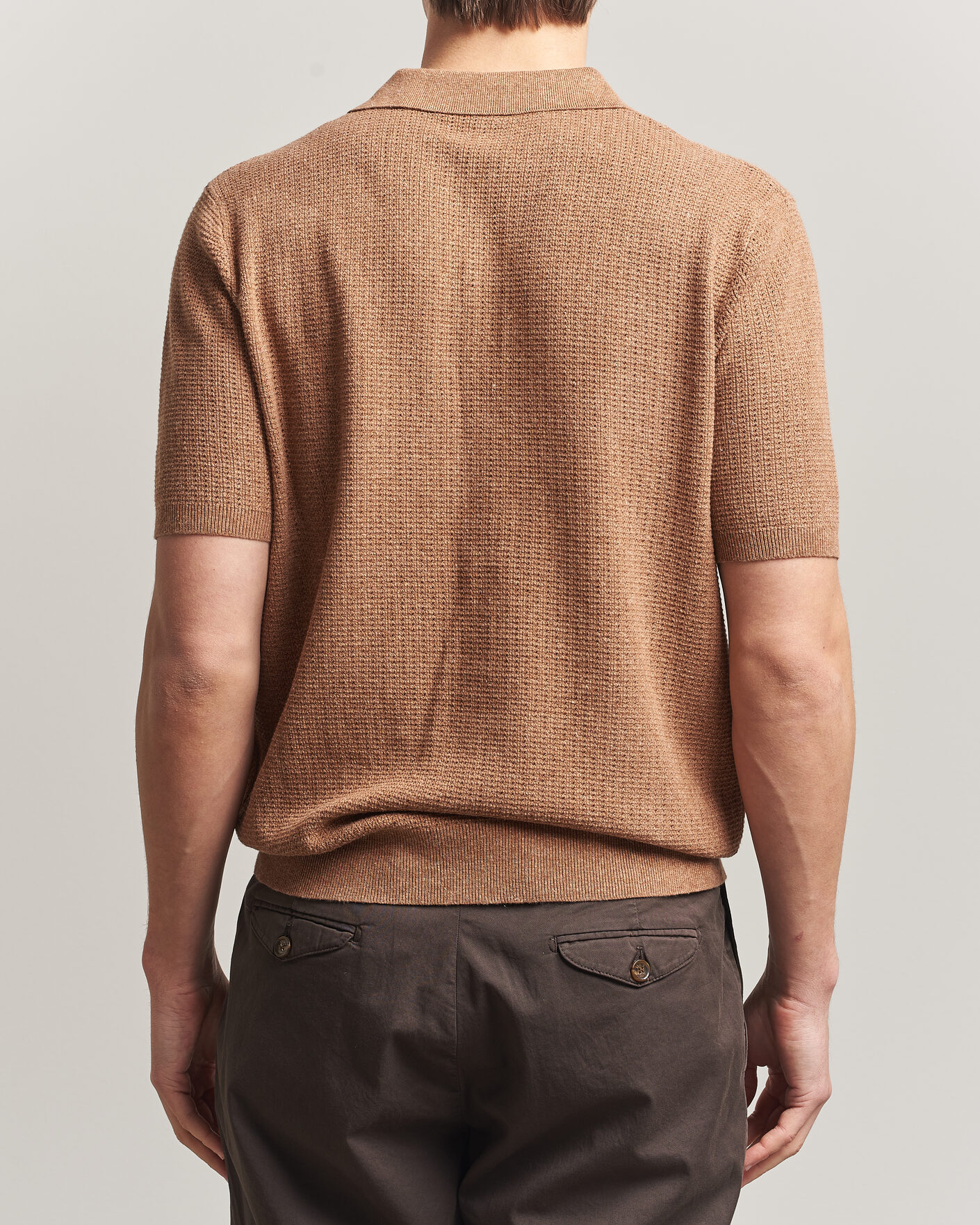 Herr | Pikéer | Stenströms | Knitted Textured Cotton/Hemp Polo Light Brown