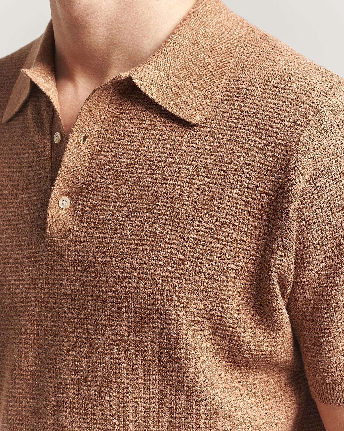 Herr | Pikéer | Stenströms | Knitted Textured Cotton/Hemp Polo Light Brown