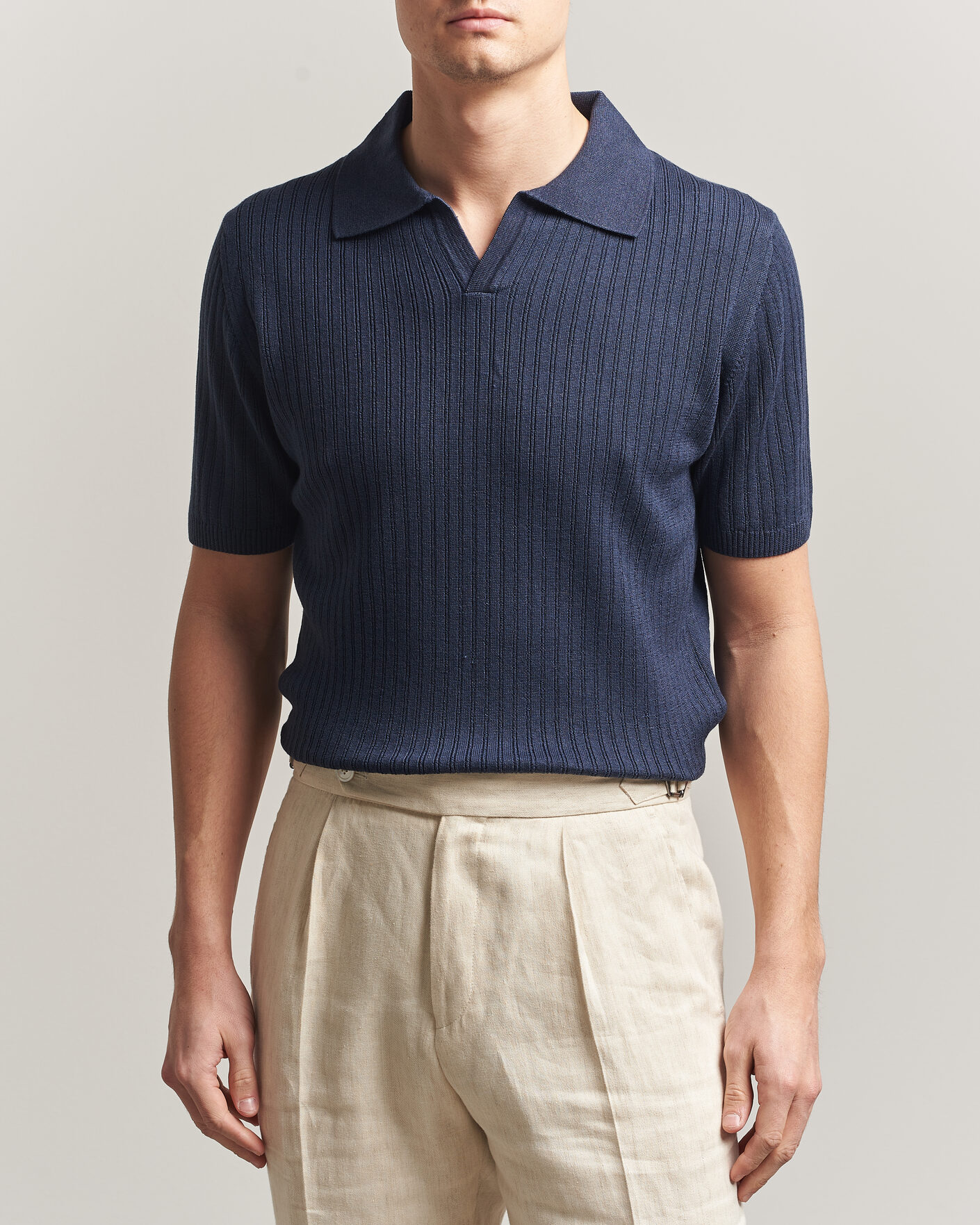 Herr | Pikéer | Stenströms | Linen/Merino Structured Polo Navy