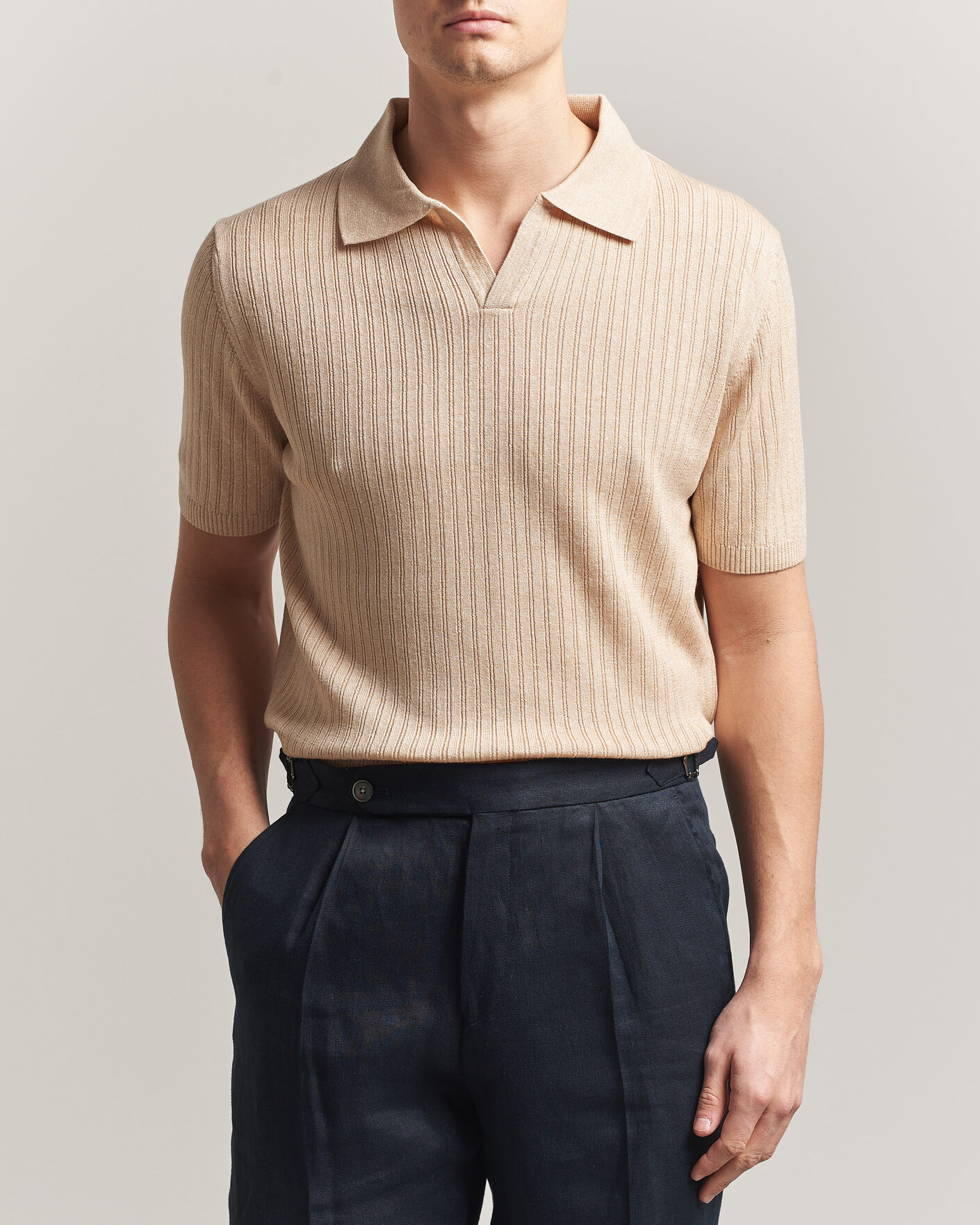 Herr | Pikéer | Stenströms | Linen/Merino Structured Polo Beige