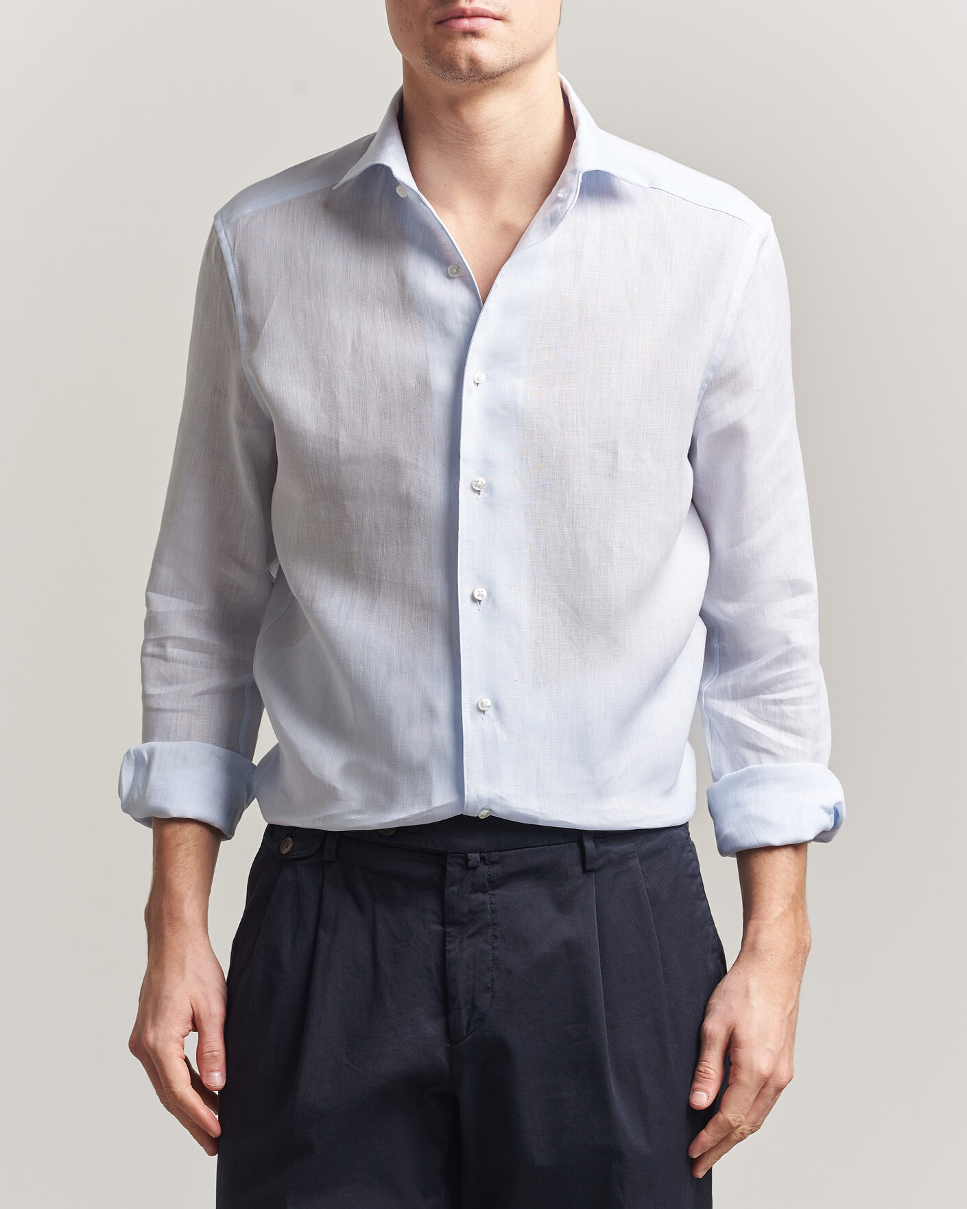 Herr | Skjortor | Stenströms | 1899 Linen One Piece Collar Shirt Light Blue