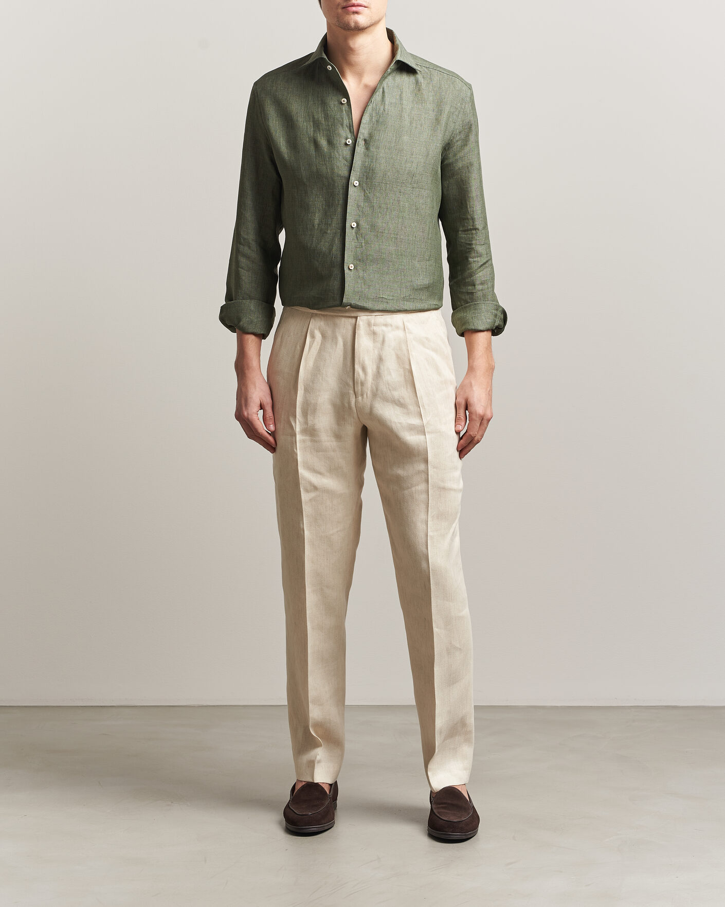 Herr | Skjortor | Stenströms | 1899 Linen One Piece Collar Shirt Olive