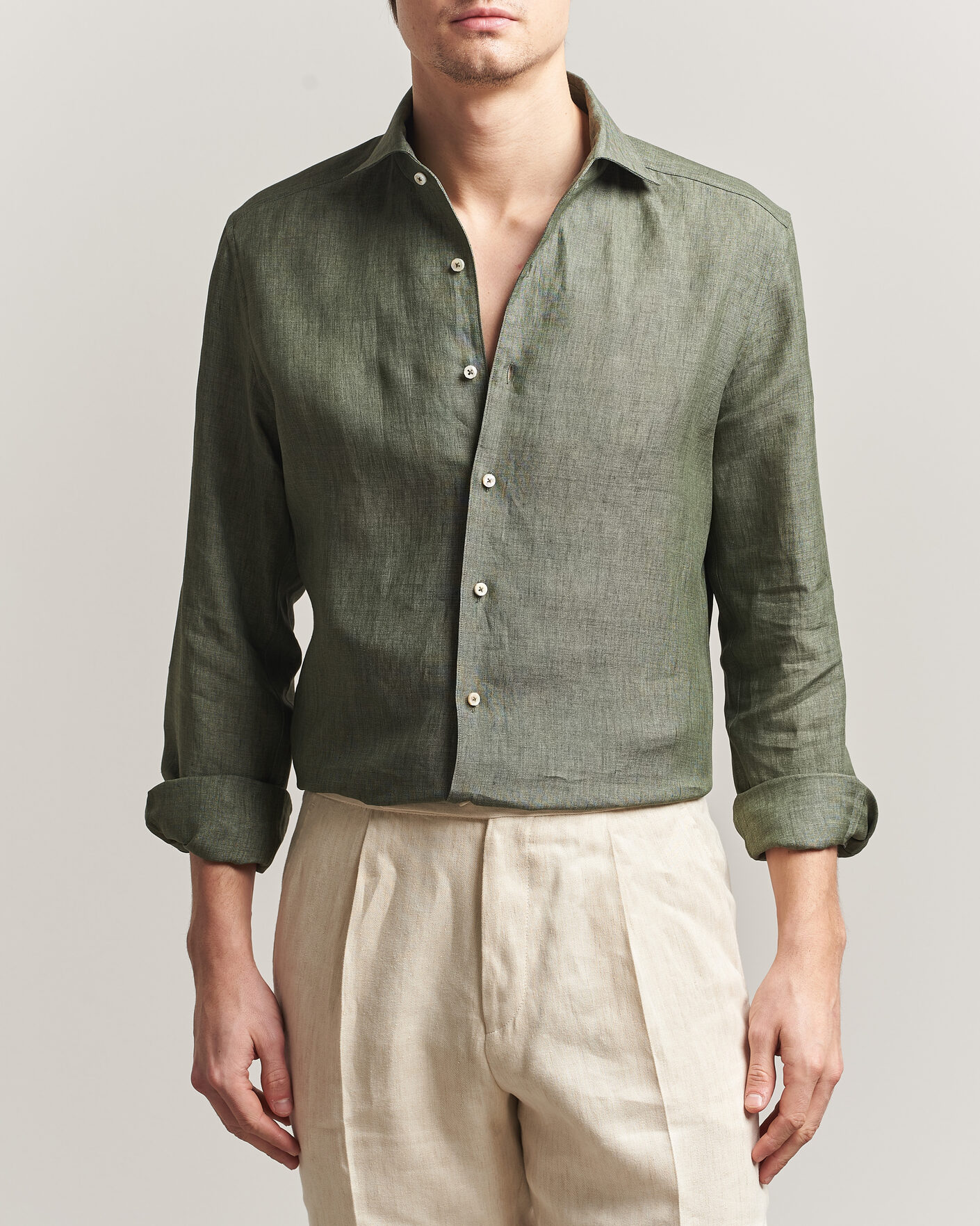 Herr | Skjortor | Stenströms | 1899 Linen One Piece Collar Shirt Olive