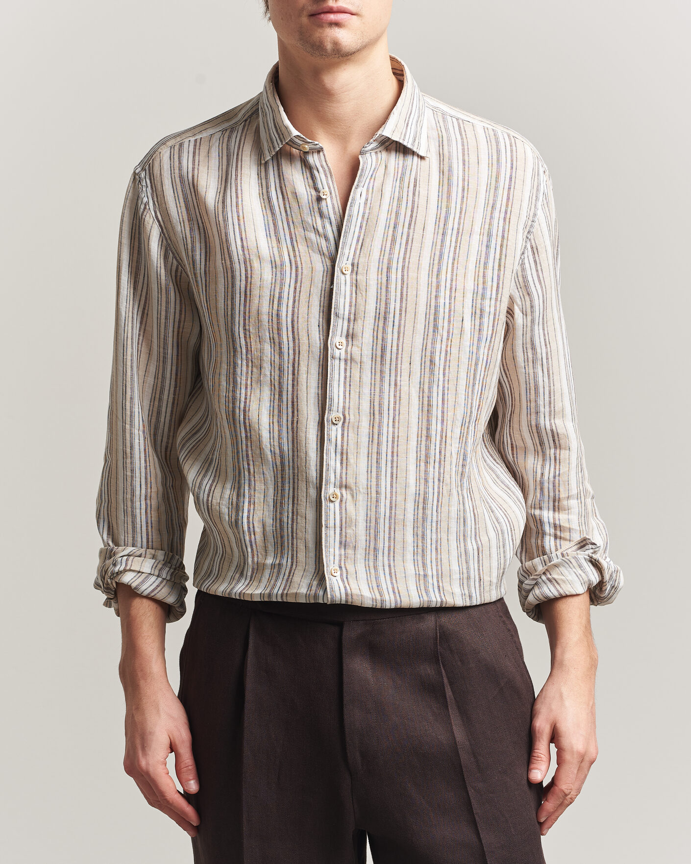 Herr | Skjortor | Stenströms | Regular Fit Multi Striped Linen Shirt Brown