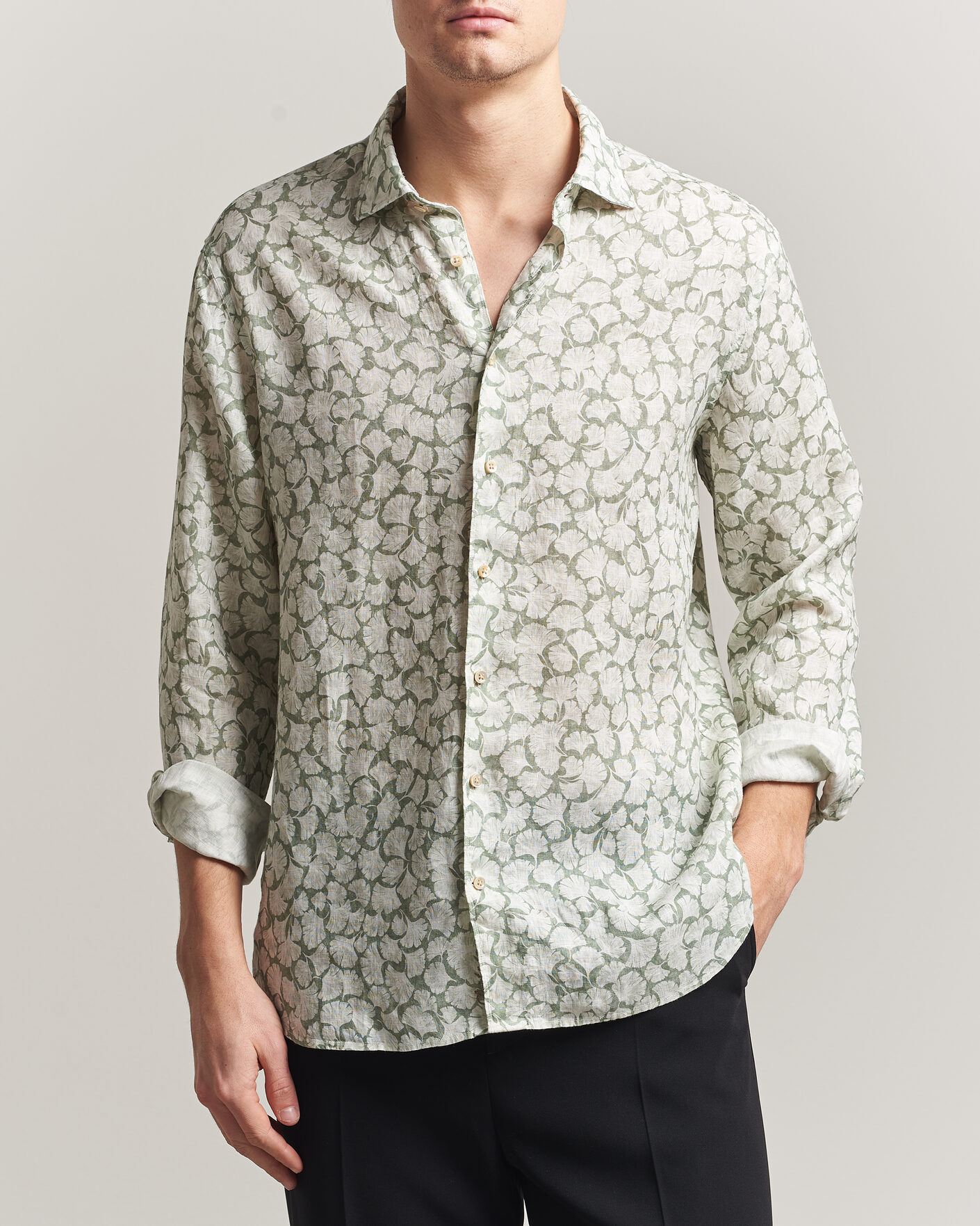 Herr | Skjortor | Stenströms | Regular Fit Flower Printed Linen Shirt Green