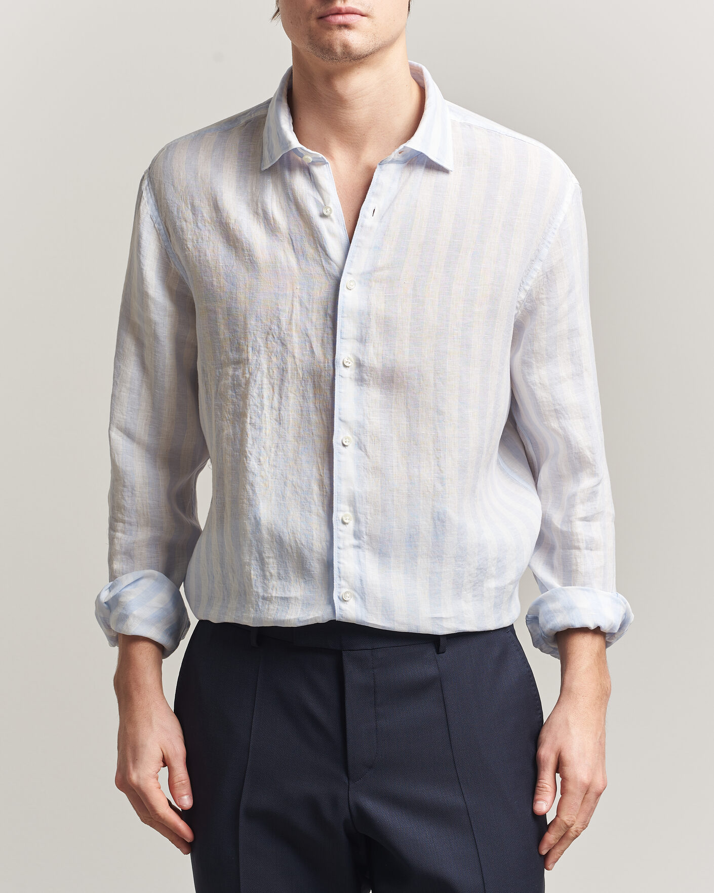 Herr | Skjortor | Stenströms | Regular Fit Wide Stripe Linen Shirt Light Blue