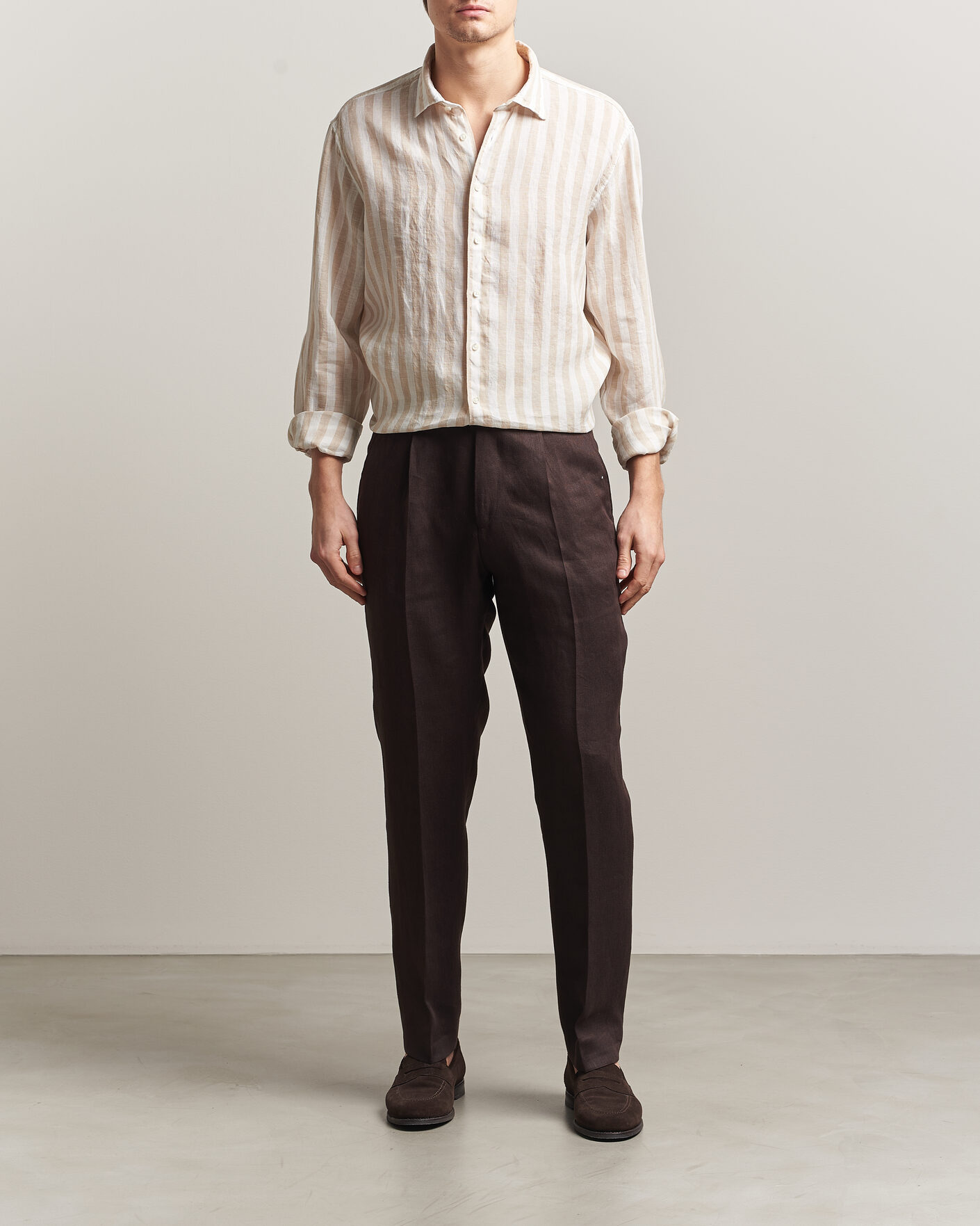 Herr | Skjortor | Stenströms | Regular Fit Wide Stripe Linen Shirt Beige