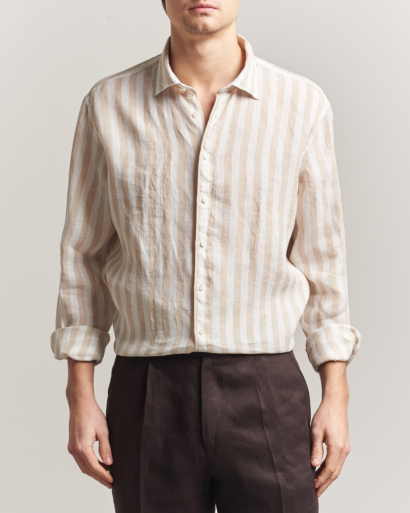 Herr | Skjortor | Stenströms | Regular Fit Wide Stripe Linen Shirt Beige