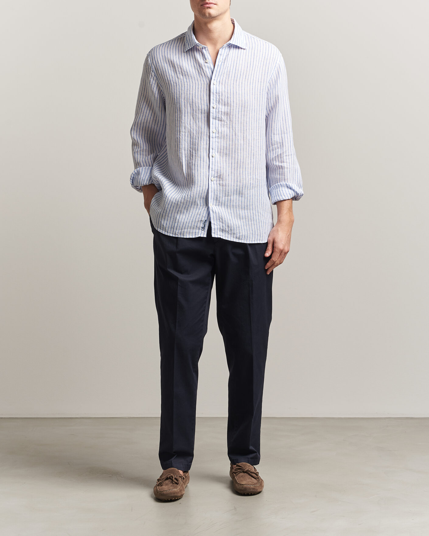 Herr | Skjortor | Stenströms | Regular Fit Striped Linen Shirt White/Dark Blue