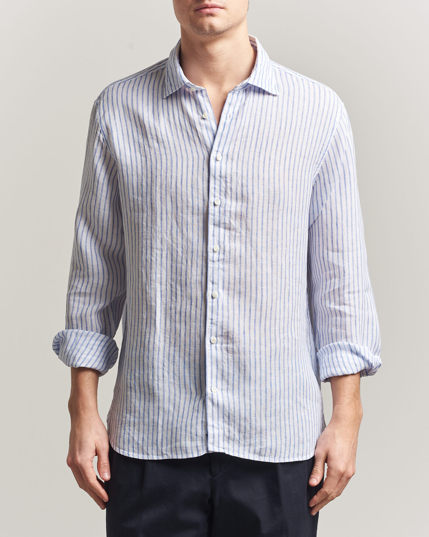 Herr | Skjortor | Stenströms | Regular Fit Striped Linen Shirt White/Dark Blue