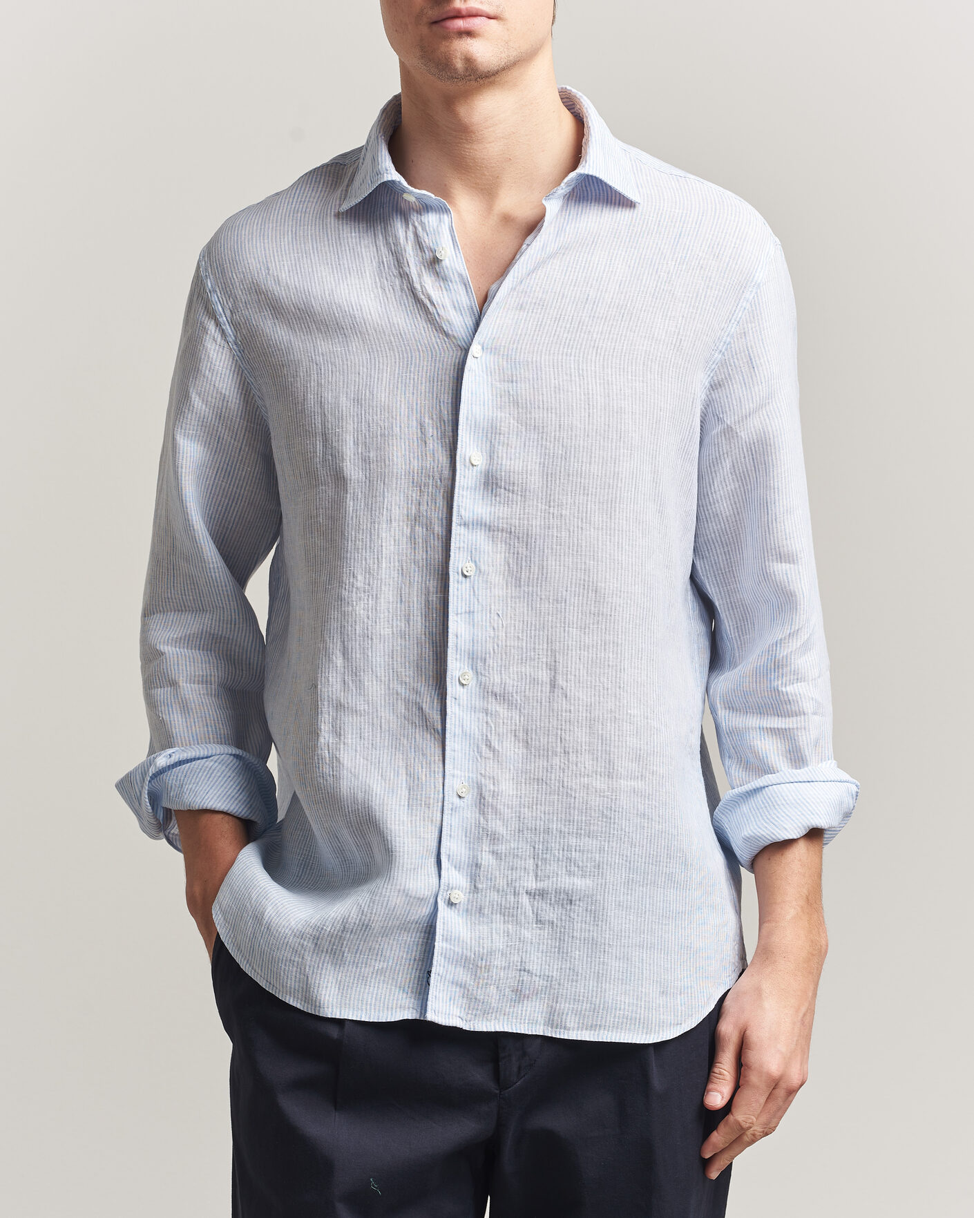 Herr | Skjortor | Stenströms | Regular Fit Thin Striped Linen Shirt Light Blue