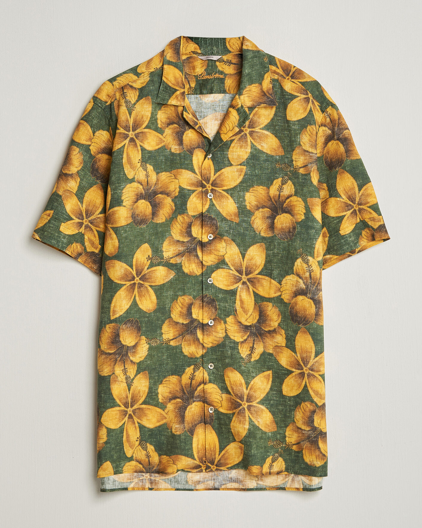 Herr | Skjortor | Stenströms | Flower Printed Short Sleeve Linen Shirt Green