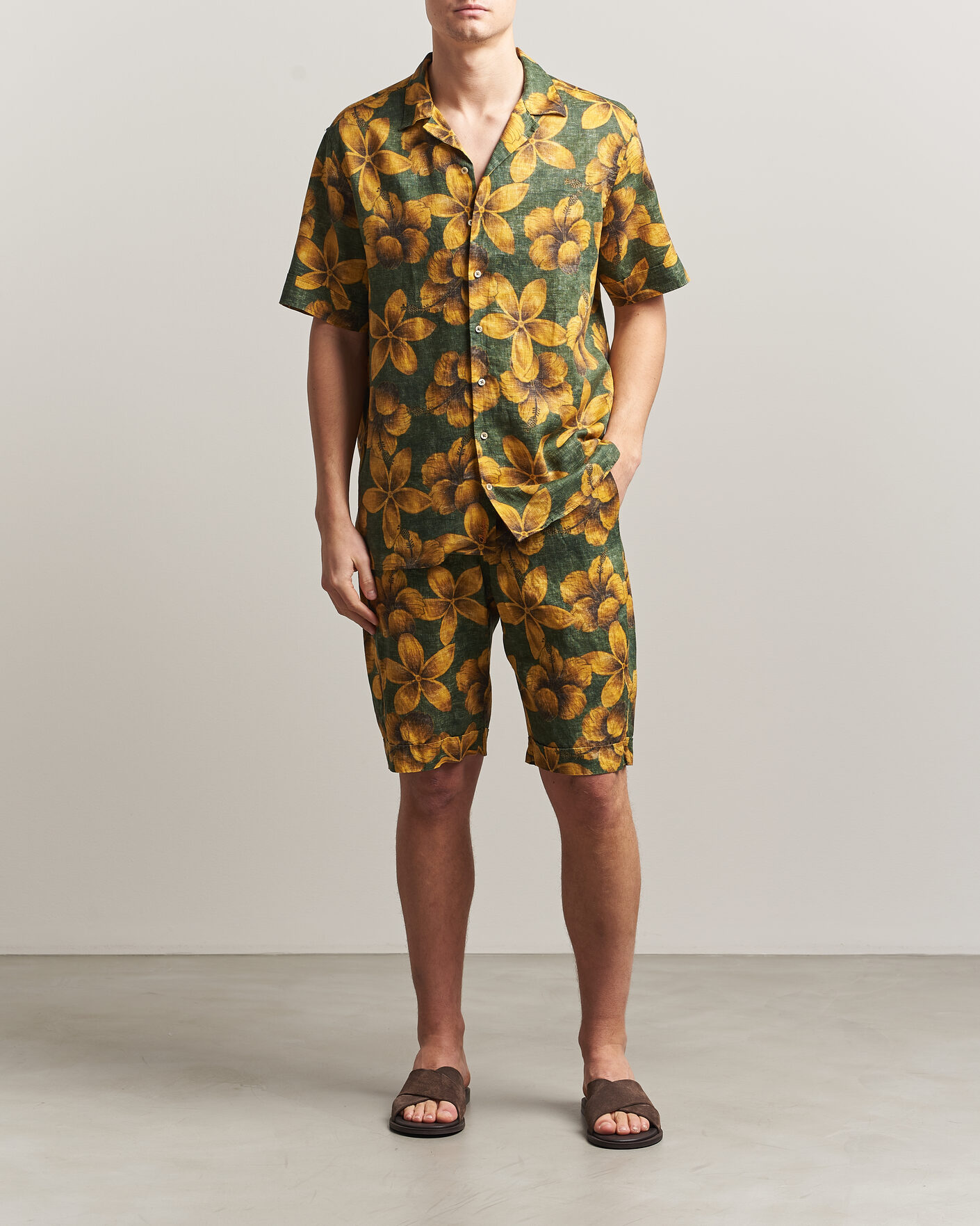 Herr | Skjortor | Stenströms | Flower Printed Short Sleeve Linen Shirt Green