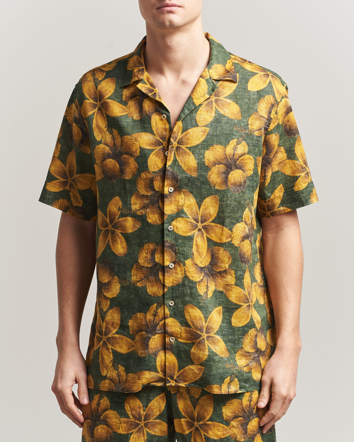 Herr | Skjortor | Stenströms | Flower Printed Short Sleeve Linen Shirt Green
