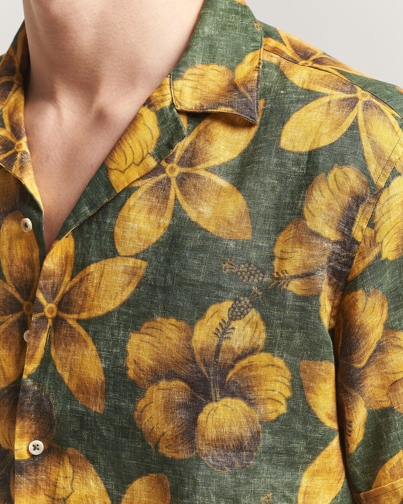 Herr | Skjortor | Stenströms | Flower Printed Short Sleeve Linen Shirt Green