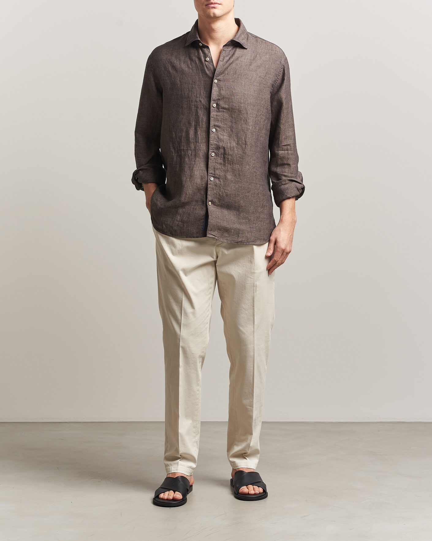 Herr | Skjortor | Stenströms | Regular Fit Cut Away Linen Shirt Brown