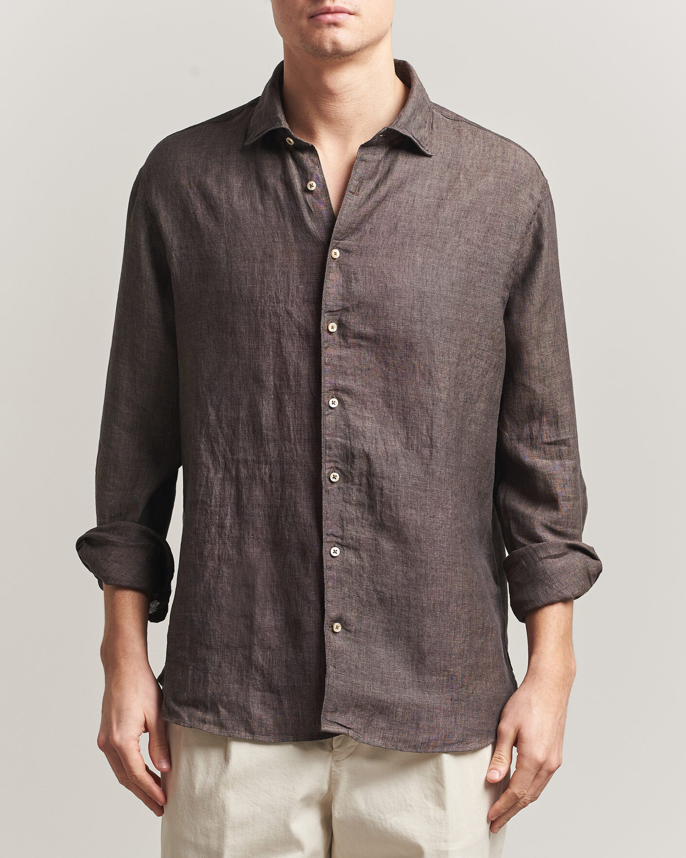 Herr | Skjortor | Stenströms | Regular Fit Cut Away Linen Shirt Brown