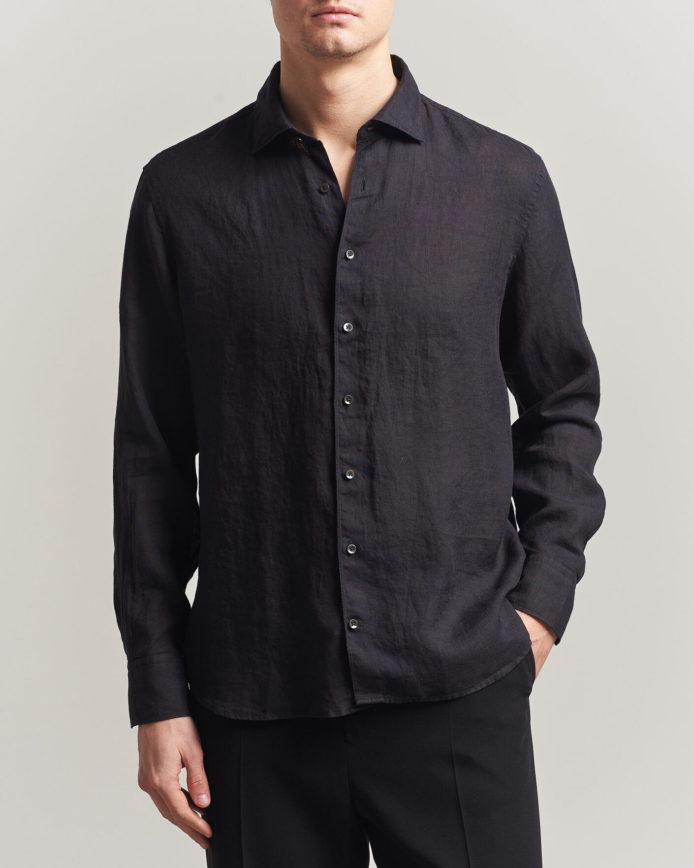 Herr | Skjortor | Stenströms | Regular Fit Cut Away Linen Shirt Black