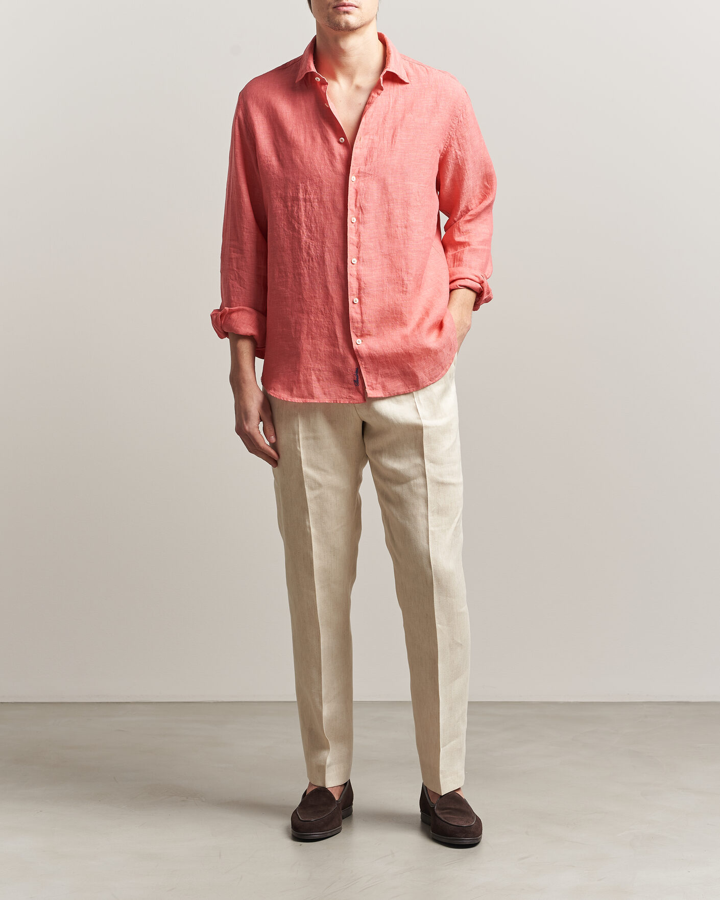 Herr | Skjortor | Stenströms | Regular Fit Cut Away Linen Shirt Raspberry