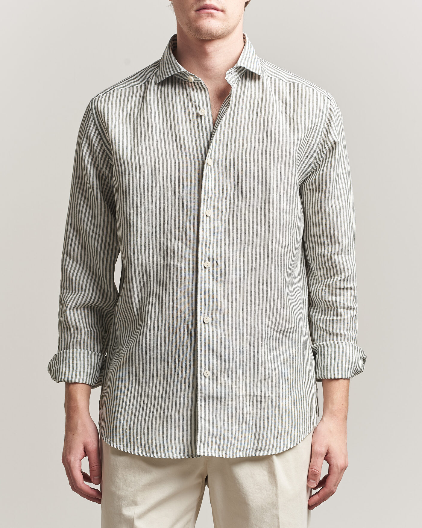 Herr | Skjortor | Eton | Casual Fit Striped Linen Shirt Dark Green