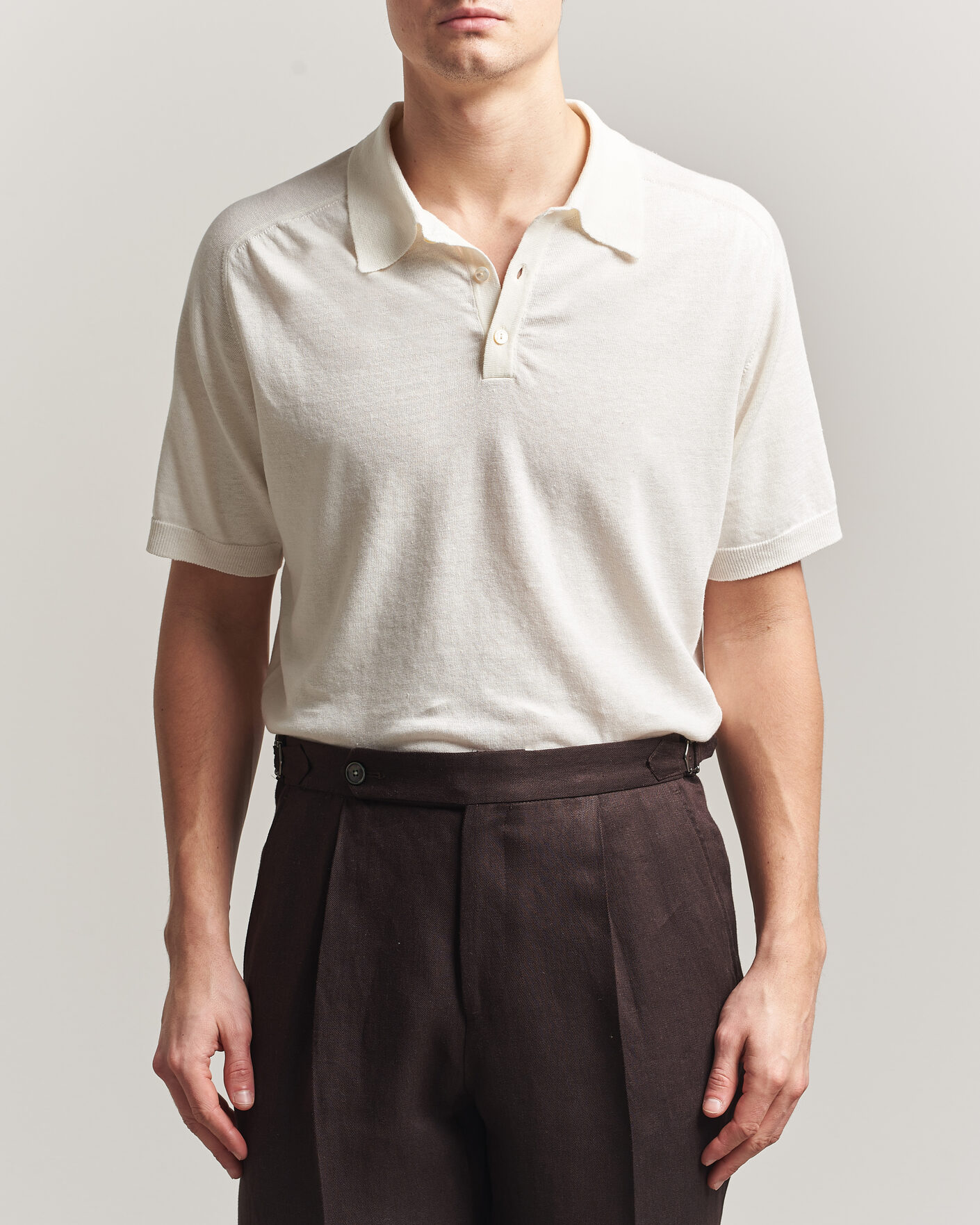 Herr | Pikéer | Eton | Cotton Linen Fine Knit Polo White