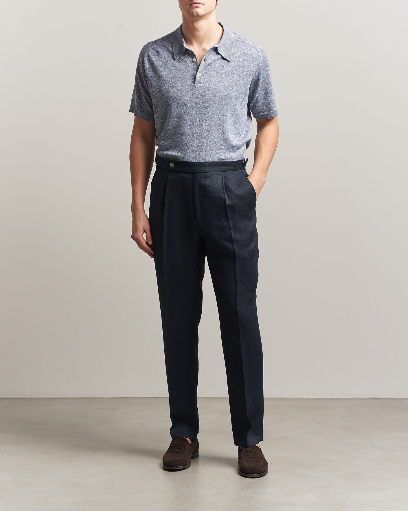 Herr | Pikéer | Eton | Cotton Linen Fine Knit Polo Blue