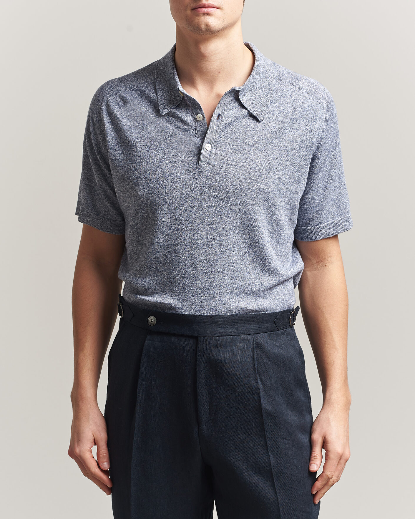 Herr | Pikéer | Eton | Cotton Linen Fine Knit Polo Blue