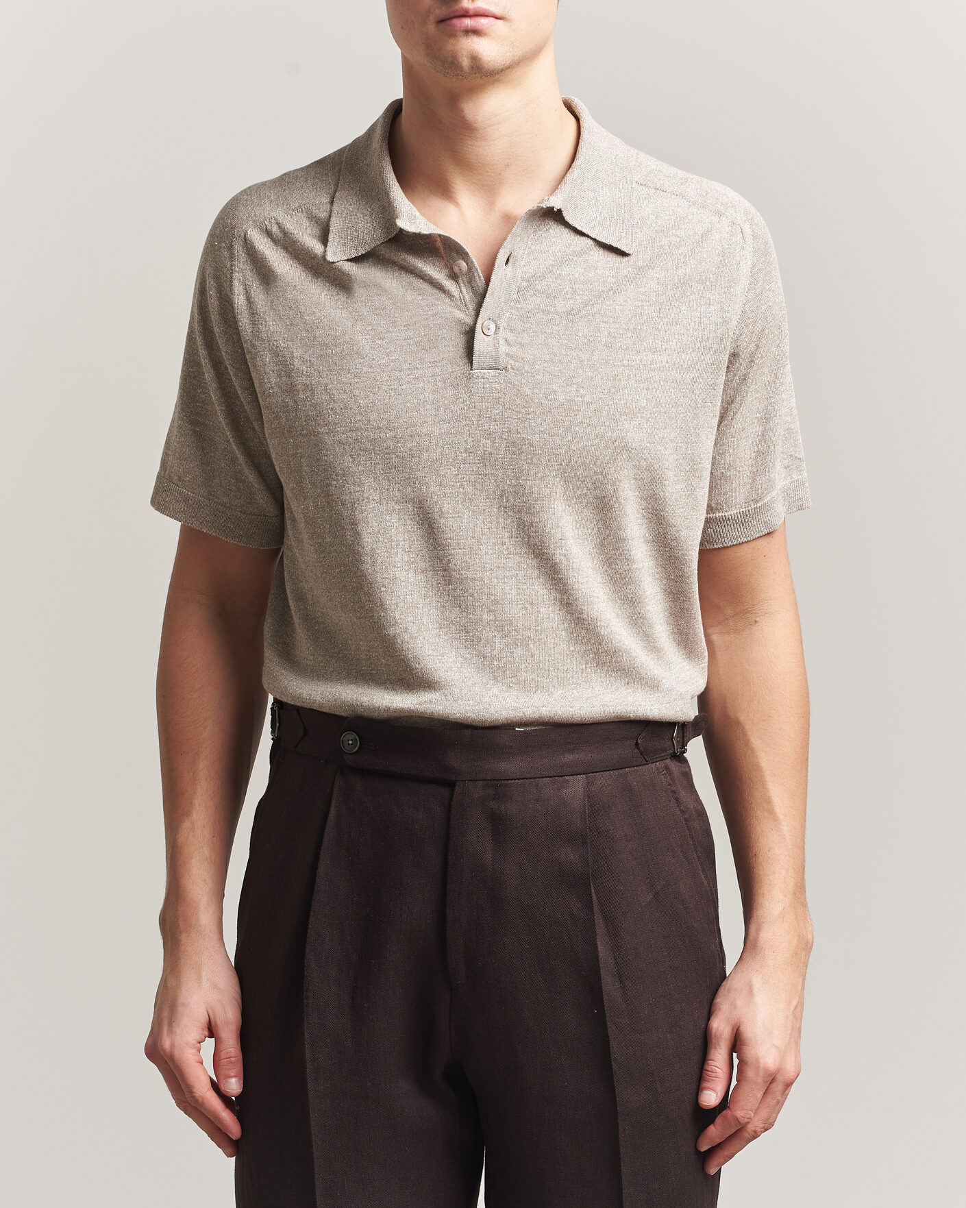 Herr | Pikéer | Eton | Cotton Linen Fine Knit Polo Beige
