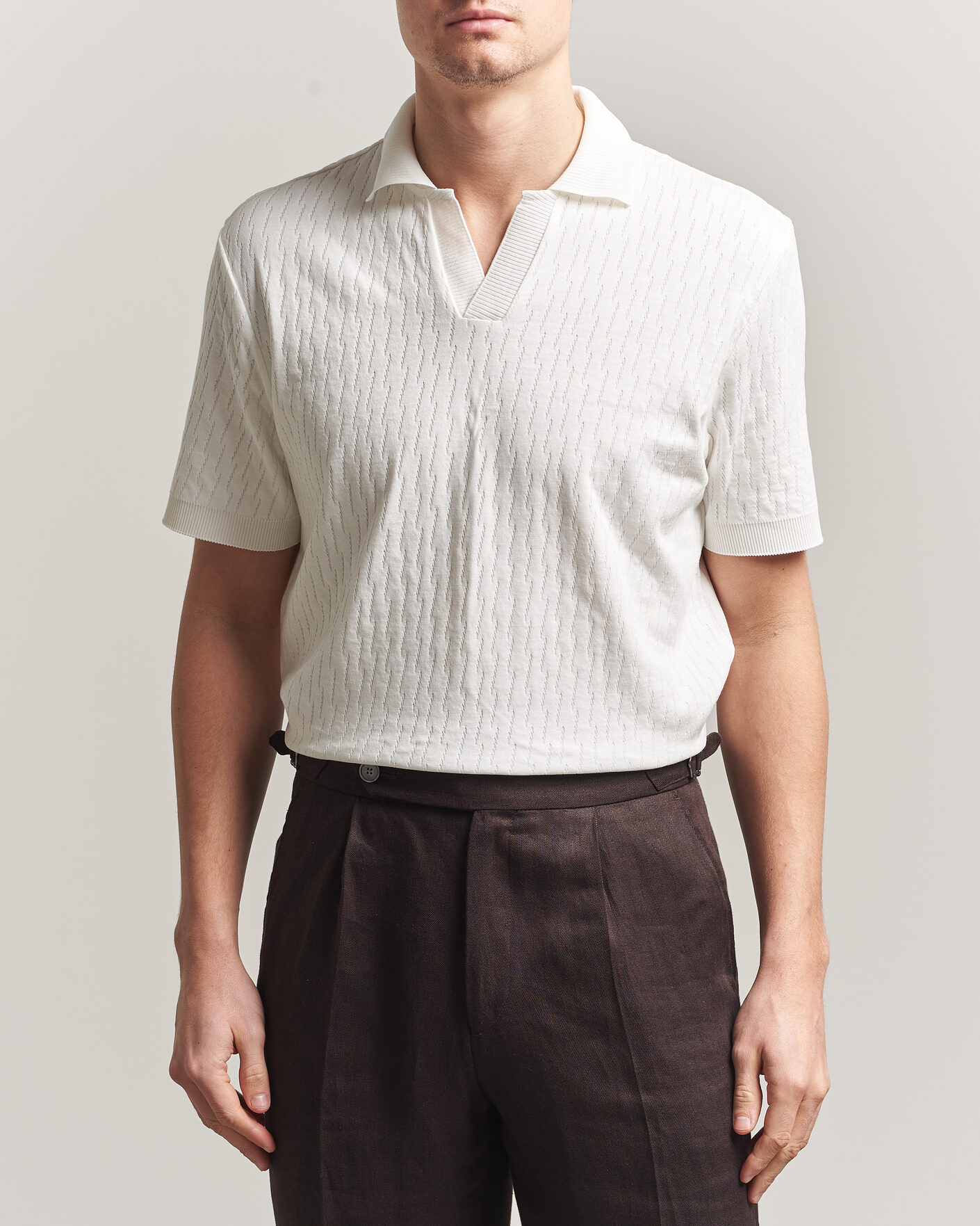 Herr | Pikéer | Eton | Open Collar Jacquard Polo Off White