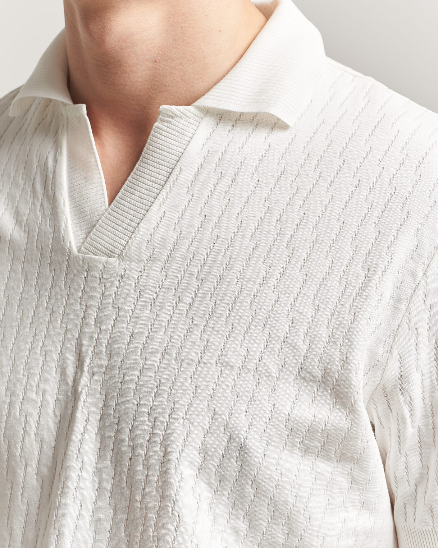 Herr | Pikéer | Eton | Open Collar Jacquard Polo Off White