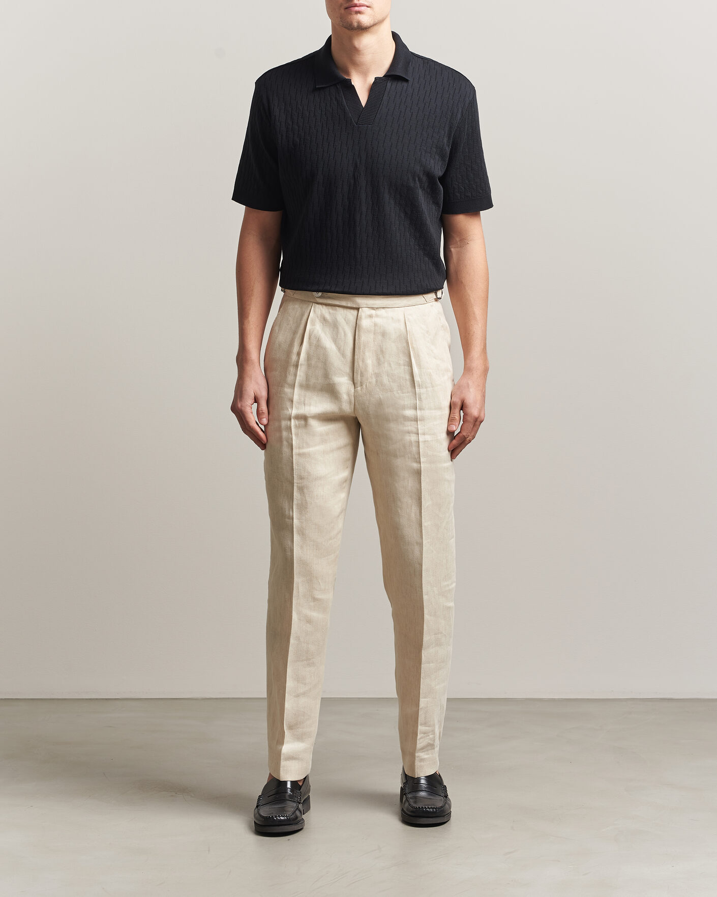 Herr | Pikéer | Eton | Open Collar Jacquard Polo Black