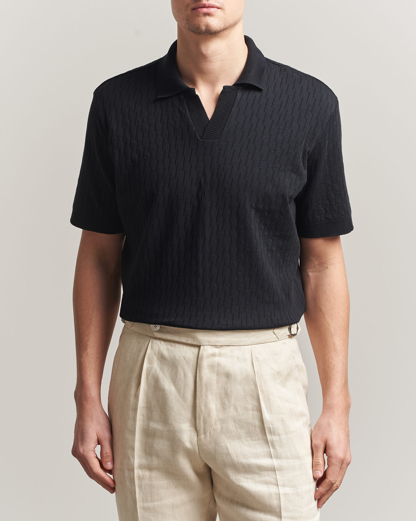 Herr | Pikéer | Eton | Open Collar Jacquard Polo Black